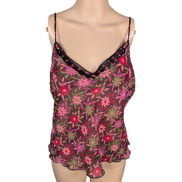 Natori Tops - Vintage Y2K Josie Natori Sheer Chiffon Cami L Black Pink Floral Whimsigoth Top